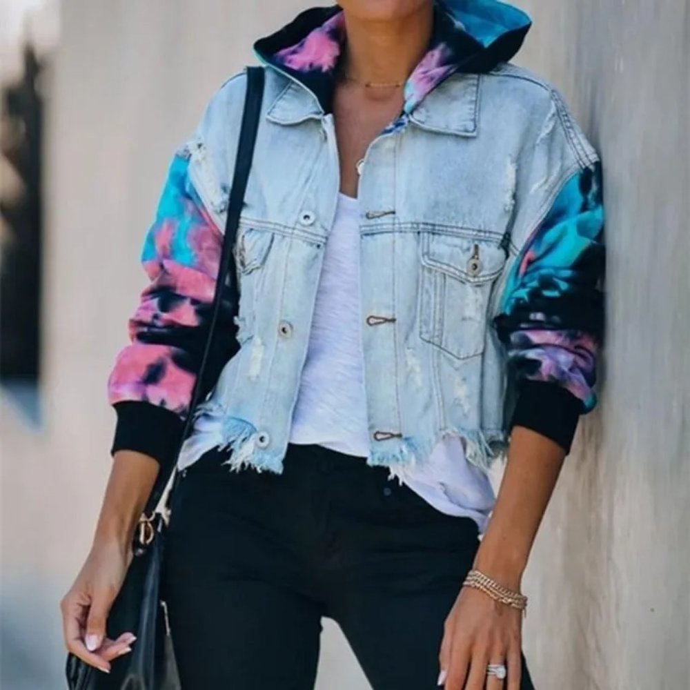NWT Tie Dye Womens Jean Jacket with Removable Hood